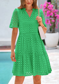 Short Sleeve V Neck Hollow Out Eyelet Ruffle A Line Swing Mini Dress