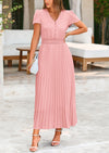 PRETTYGARDEN Women's Short Sleeve Button V Neck Casual Pleated Maxi Dresses