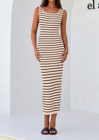 Casual Sleeveless Striped Ribbed Knit Beach Vacation Sundress Tank Midi Dress