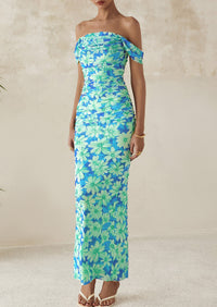 Ruched Bodycon Off Shoulder Floral Mesh Cocktail Party Fitted Maxi Dress