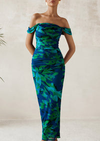 Ruched Bodycon Off Shoulder Floral Mesh Cocktail Party Fitted Maxi Dress