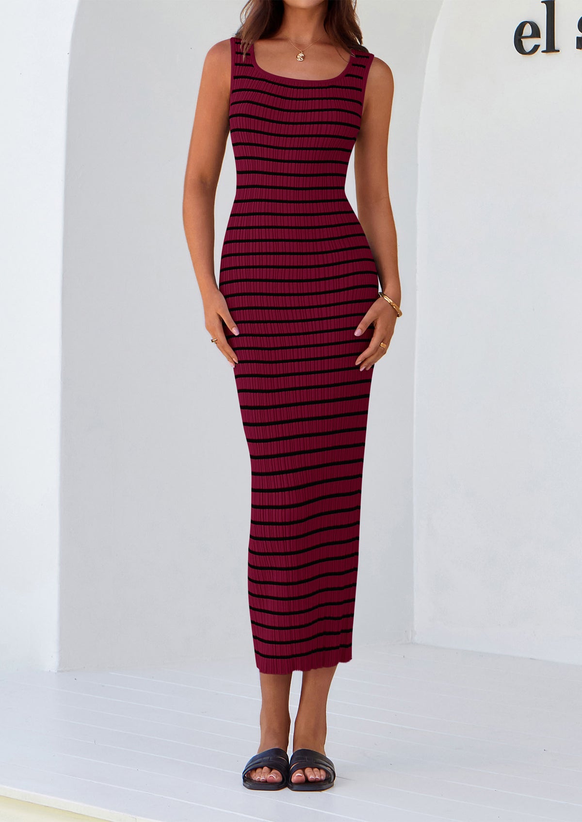 Casual Sleeveless Striped Ribbed Knit Beach Vacation Sundress Tank Midi Dress