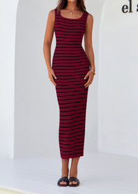 Casual Sleeveless Striped Ribbed Knit Beach Vacation Sundress Tank Midi Dress