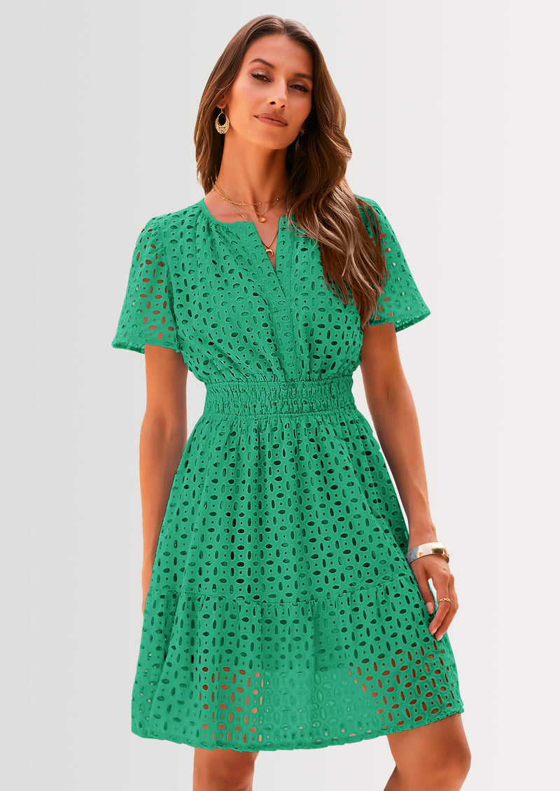 PRETTYGARDEN Women Summer Short Dress V Neck Short Sleeve A Line Hollow Out Lace Ruffle Cute Casual Beach Party Dresses