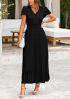 PRETTYGARDEN Women's Short Sleeve Button V Neck Casual Pleated Maxi Dresses
