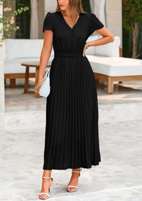 Casual Button V Neck Ruffle Cap Sleeve Long Flowy Pleated Maxi Dresses