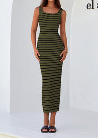Casual Sleeveless Striped Ribbed Knit Beach Vacation Sundress Tank Midi Dress