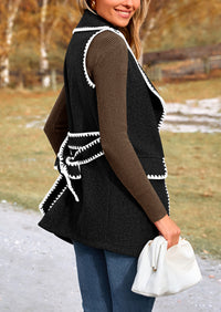 Tweed Sleeveless Lapel Button Front Belt Color Block Vest Jackets