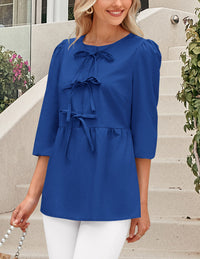Babydoll Trendy 3/4 Length Puff Sleeve Bow Tie Front Cute Peplum Blouses