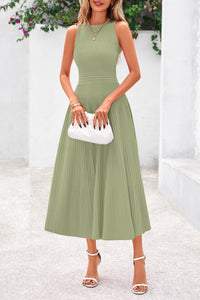 Sleeveless Crew Neck Knit A Line Pleated Swing Wedding Guest Casual Midi Dresses