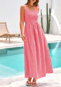Spaghetti Strap  Plaid Square Neck A Line Smocked Casual Vacation Maxi Dresses