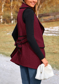 Tweed Sleeveless Lapel Button Front Belt Color Block Vest Jackets
