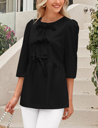 Babydoll Trendy 3/4 Length Puff Sleeve Bow Tie Front Cute Peplum Blouses