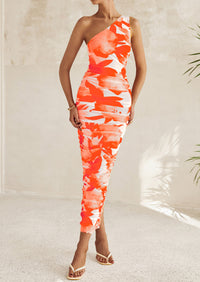 One Shoulder Bodycon Printed Ruched Mesh Party Cocktail Fitted Long Dress