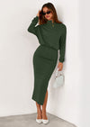 PRETTYGARDEN Turtle Neck Dresses for Women Fall Knit Outfits Slit Elastic Waist Long Sleeve Bodycon Midi Sweater Dress