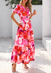Boho Floral Short Sleeve V Neck A Line Tiered Ruffle Flowy Long Beach Vacation Maxi Dresses