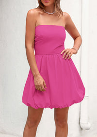 Tube Top Casual Smocked A Line Sundress Trendy Strapless Bubble Short Mini Dresses