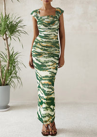 Ruched Bodycon Off Shoulder Floral Mesh Cocktail Party Fitted Maxi Dress