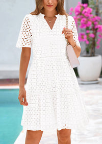 Short Sleeve V Neck Hollow Out Eyelet Ruffle A Line Swing Mini Dress