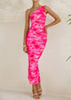 One Shoulder Bodycon Printed Ruched Mesh Party Cocktail Fitted Long Dress