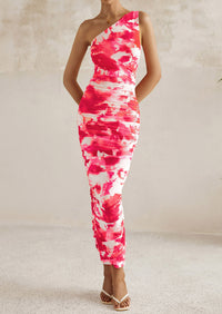 One Shoulder Bodycon Printed Ruched Mesh Party Cocktail Fitted Long Dress