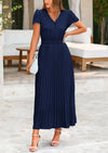 PRETTYGARDEN Women's Short Sleeve Button V Neck Casual Pleated Maxi Dresses