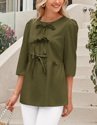 Babydoll Trendy 3/4 Length Puff Sleeve Bow Tie Front Cute Peplum Blouses