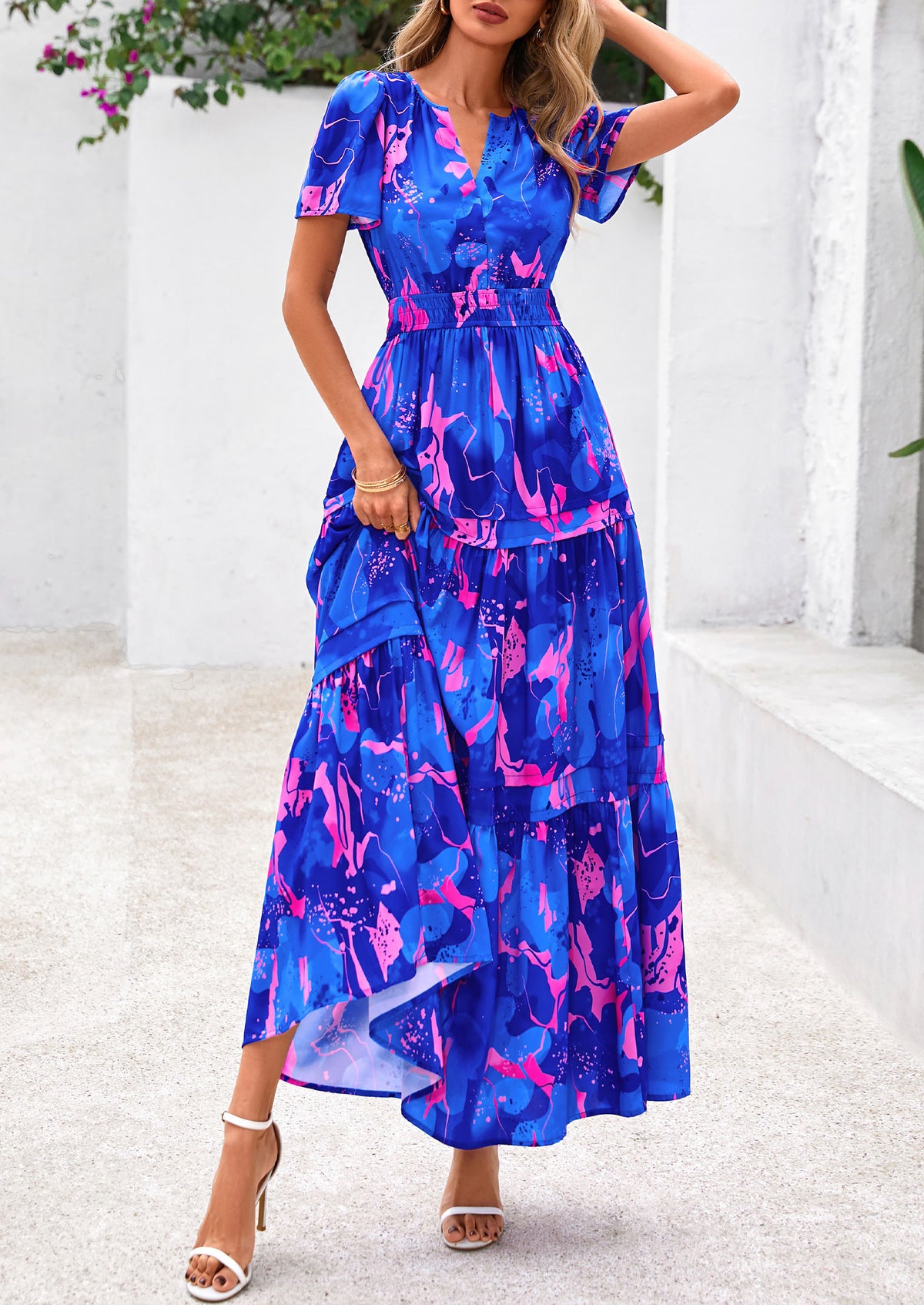 Boho Floral Short Sleeve V Neck A Line Tiered Ruffle Flowy Long Beach Vacation Maxi Dresses