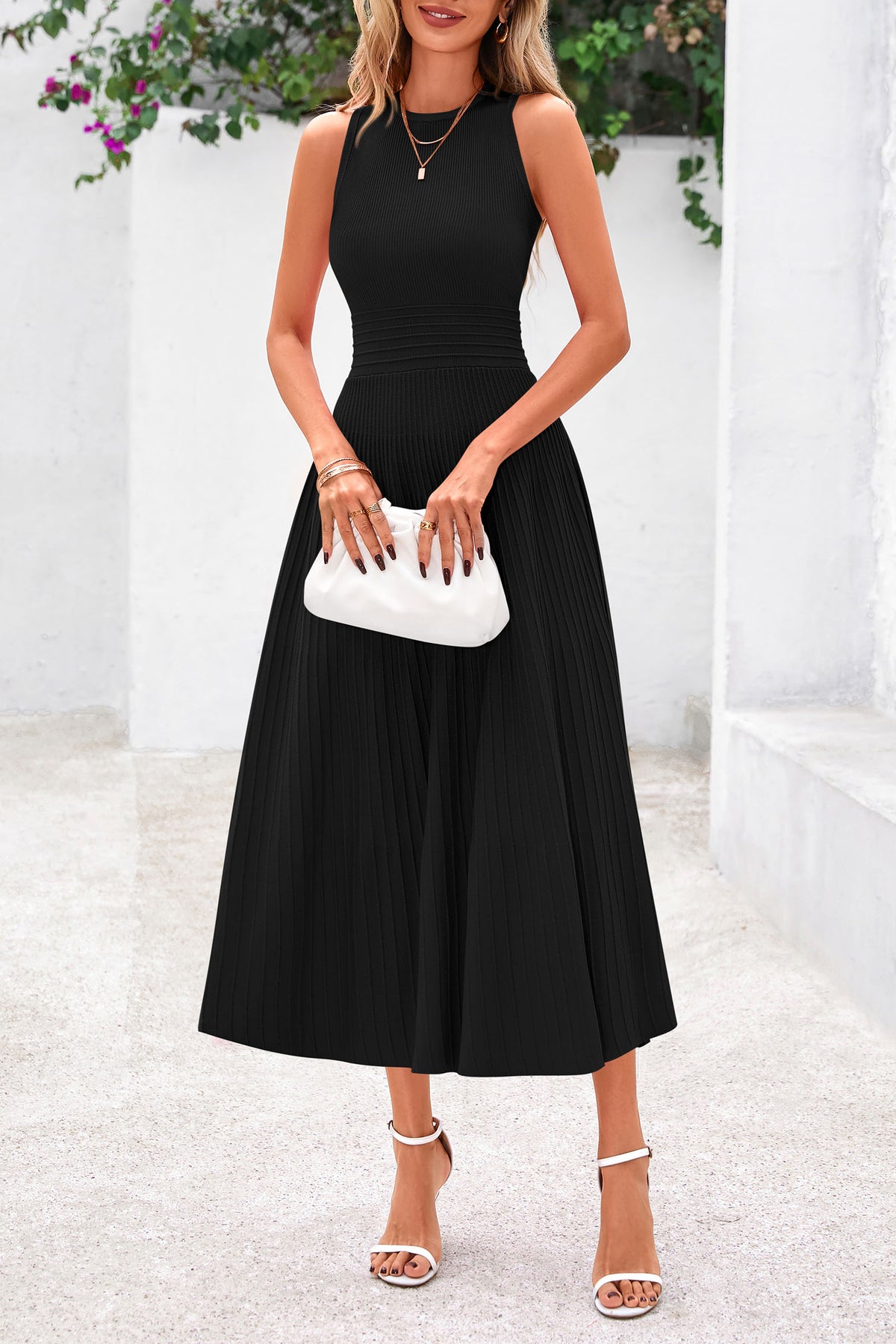Sleeveless Crew Neck Knit A Line Pleated Swing Wedding Guest Casual Midi Dresses