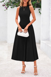 Sleeveless Crew Neck Knit A Line Pleated Swing Wedding Guest Casual Midi Dresses