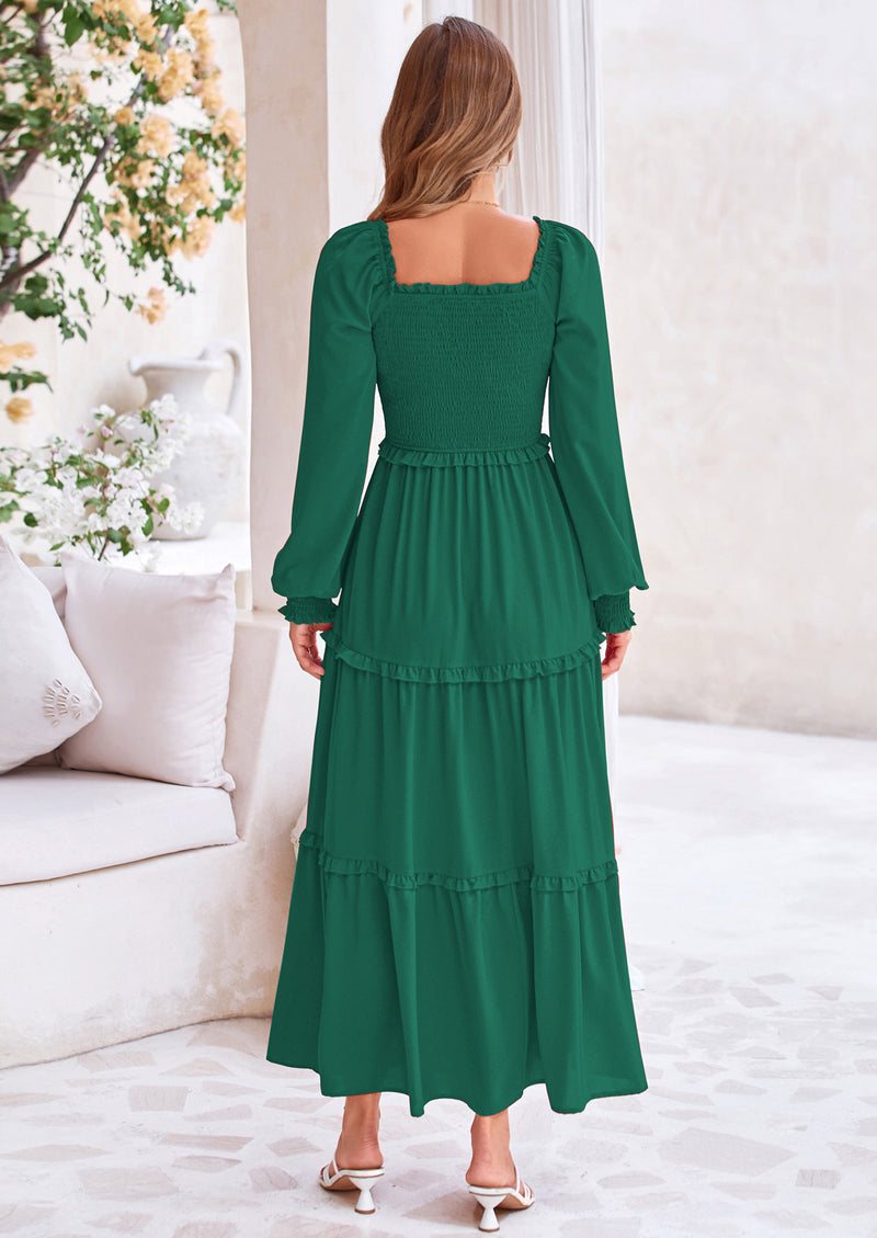 PRETTYGARDEN Fall Wedding Guest Dresses for Women Long Sleeve Square Neck Tiered A Line Modest Elegant Flowy Dresses