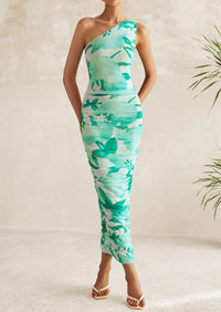 One Shoulder Bodycon Printed Ruched Mesh Party Cocktail Fitted Long Dress