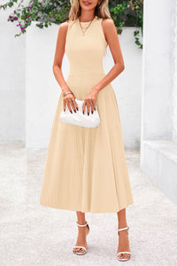 Sleeveless Crew Neck Knit A Line Pleated Swing Wedding Guest Casual Midi Dresses