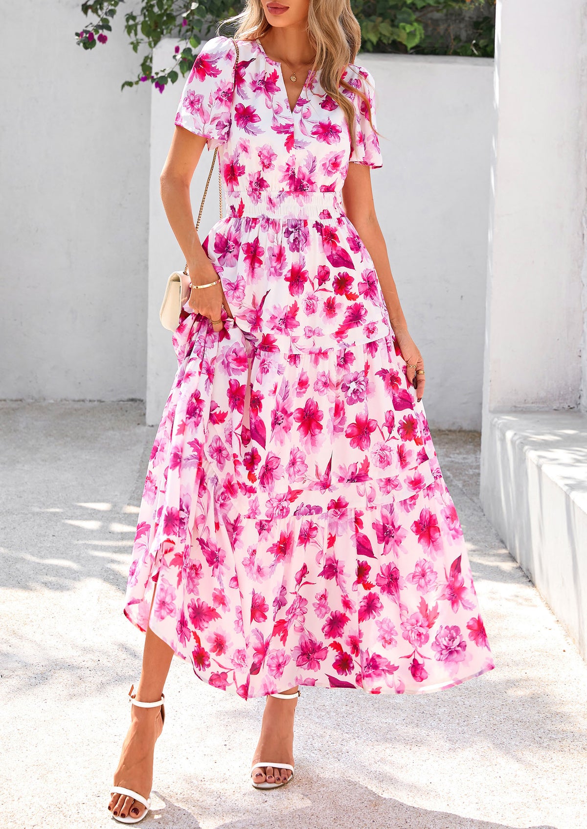 Boho Floral Short Sleeve V Neck A Line Tiered Ruffle Flowy Long Beach Vacation Maxi Dresses