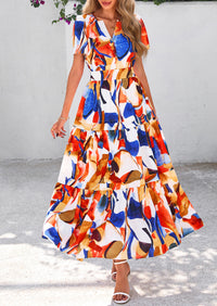 Boho Floral Short Sleeve V Neck A Line Tiered Ruffle Flowy Long Beach Vacation Maxi Dresses