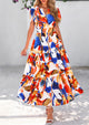 Boho Floral Short Sleeve V Neck A Line Tiered Ruffle Flowy Long Beach Vacation Maxi Dresses