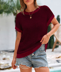 Short Sleeve Round Neck Striped Pullover Cap Sleeve Knit T-shirt