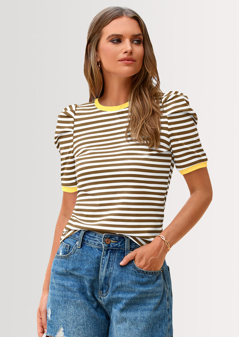 PRETTYGARDEN Women's Summer Puff Sleeve Tops Casual Ribbed Knit Crop Top Color Block Trendy Crewneck Striped Shirts