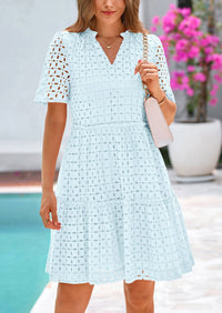 Short Sleeve V Neck Hollow Out Eyelet Ruffle A Line Swing Mini Dress