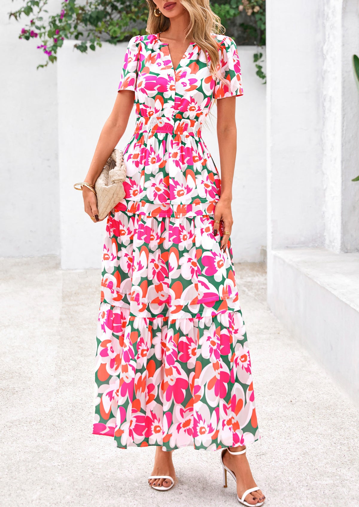 Boho Floral Short Sleeve V Neck A Line Tiered Ruffle Flowy Long Beach Vacation Maxi Dresses