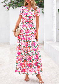 Boho Floral Short Sleeve V Neck A Line Tiered Ruffle Flowy Long Beach Vacation Maxi Dresses