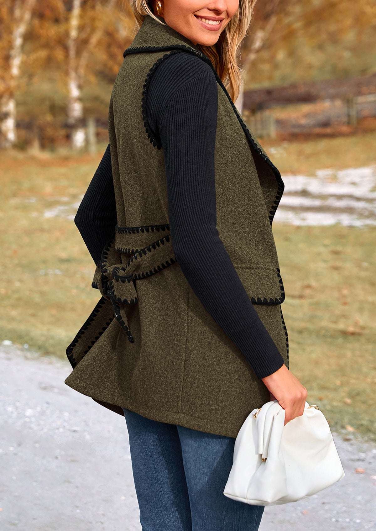 Tweed Sleeveless Lapel Button Front Belt Color Block Vest Jackets