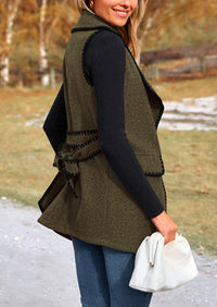 Tweed Sleeveless Lapel Button Front Belt Color Block Vest Jackets