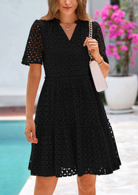 Short Sleeve V Neck Hollow Out Eyelet Ruffle A Line Swing Mini Dress