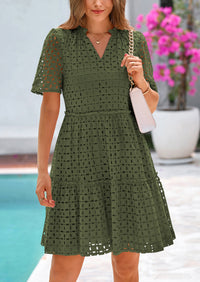 Short Sleeve V Neck Hollow Out Eyelet Ruffle A Line Swing Mini Dress
