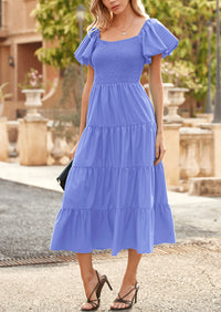Casual Short Sleeved Square Neck Layered Pleated Dress