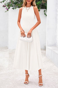 Sleeveless Crew Neck Knit A Line Pleated Swing Wedding Guest Casual Midi Dresses