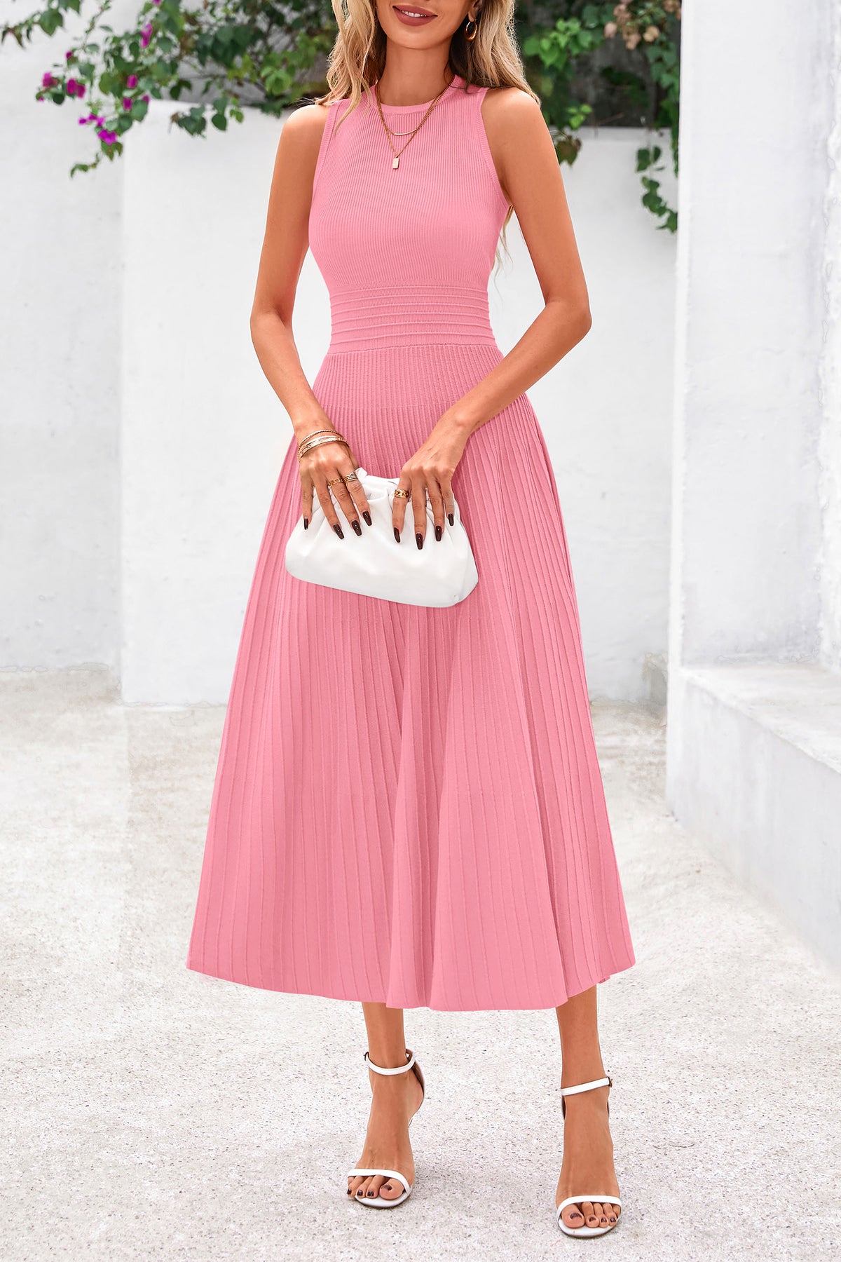Sleeveless Crew Neck Knit A Line Pleated Swing Wedding Guest Casual Midi Dresses