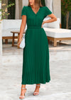 PRETTYGARDEN Women's Short Sleeve Button V Neck Casual Pleated Maxi Dresses