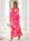 PRETTYGARDEN Women's Fall Boho Maxi Dress Floral Long Sleeve V Neck Flowy Belted Elegant Holiday Party Dresses